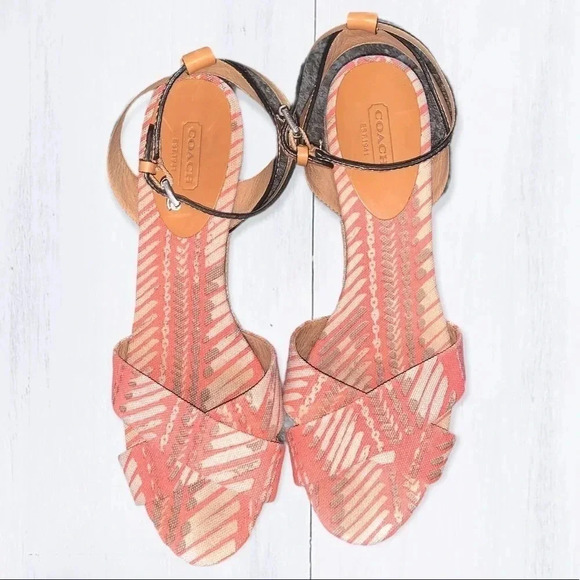 Coach Henley Print Open-toe Fabric Wedge Sandals Size 10 - Picture 2 of 6